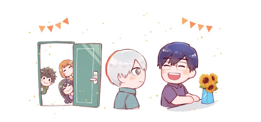 midoriya izuku, uraraka ochaco, todoroki shoto, asui tsuyu, and iida tenya (boku no hero academia) drawn by konsobastew