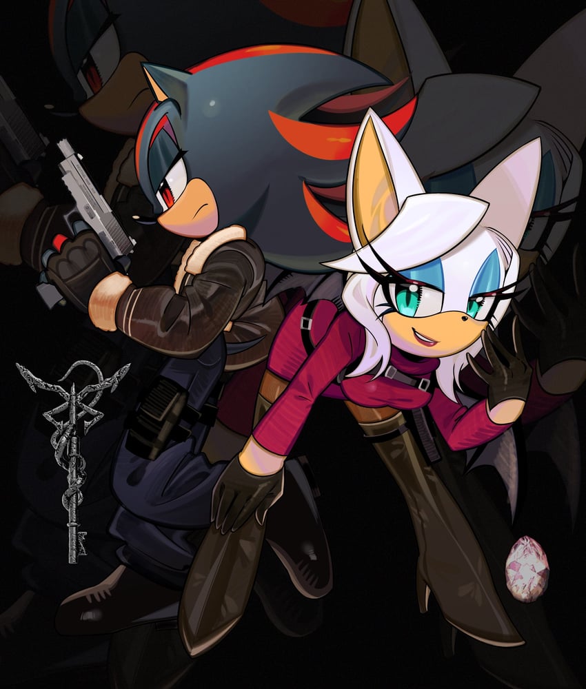shadow the hedgehog, leon s. kennedy, rouge the bat, and ada wong (sonic and 2 more) drawn by n_jiujiu99