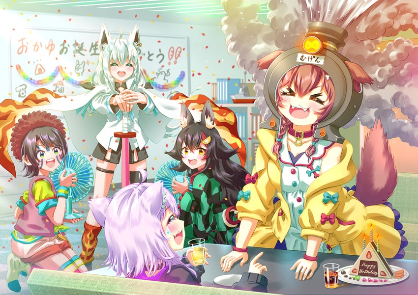 shirakami fubuki, nekomata okayu, ookami mio, oozora subaru, inugami korone, and 1 more (hololive and 1 more) drawn by aomarukazumi