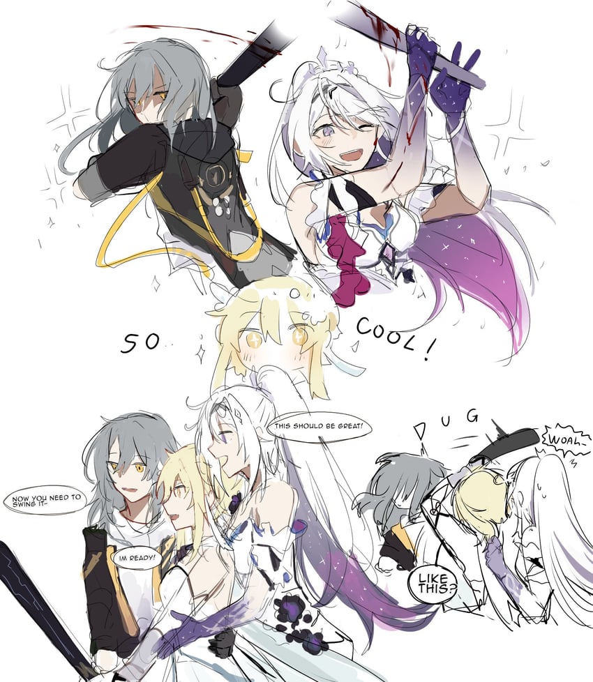 lumine, trailblazer, stelle, and kiana kaslana (genshin impact and 4 more) drawn by tidakmelogika