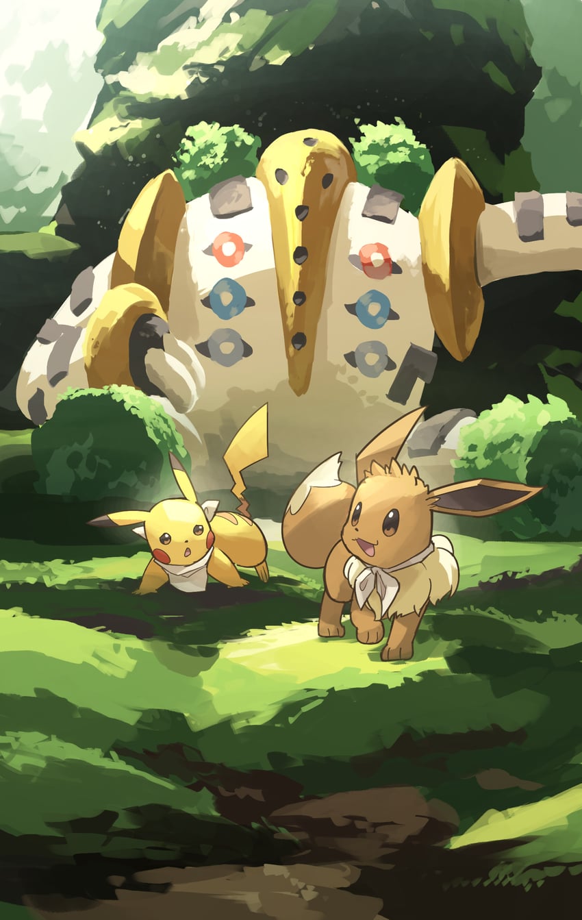 pikachu, eevee, and regigigas (pokemon and 1 more) drawn by yamaori_(hakkentai_pokedan)
