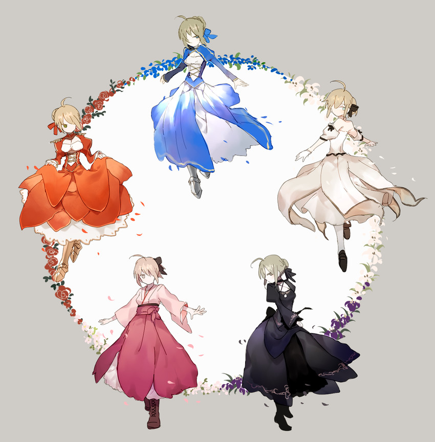 artoria pendragon, saber, nero claudius, okita souji, saber alter, and 1 more (fate and 1 more) drawn by newo_(shinra-p)