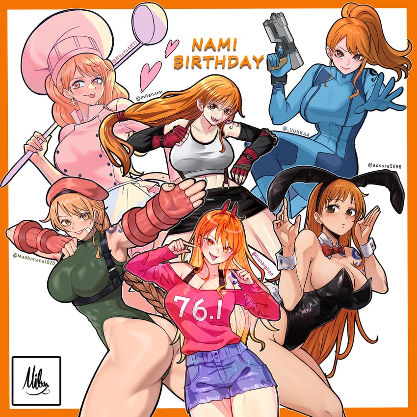 tifa lockhart, nami, samus aran, power, cammy white, and 1 more (final fantasy and 5 more) drawn by aosora2823, lianbiglian, mad8nana, mifenami, rita_ya, and uukkaa