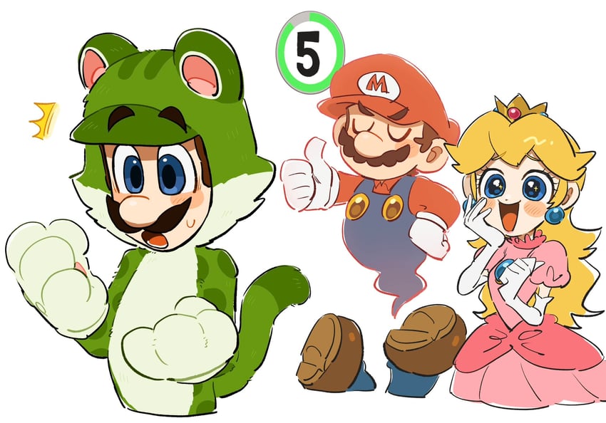 princess peach, mario, luigi, and cat luigi (mario and 1 more) drawn by mimimi_(mimimim9999)