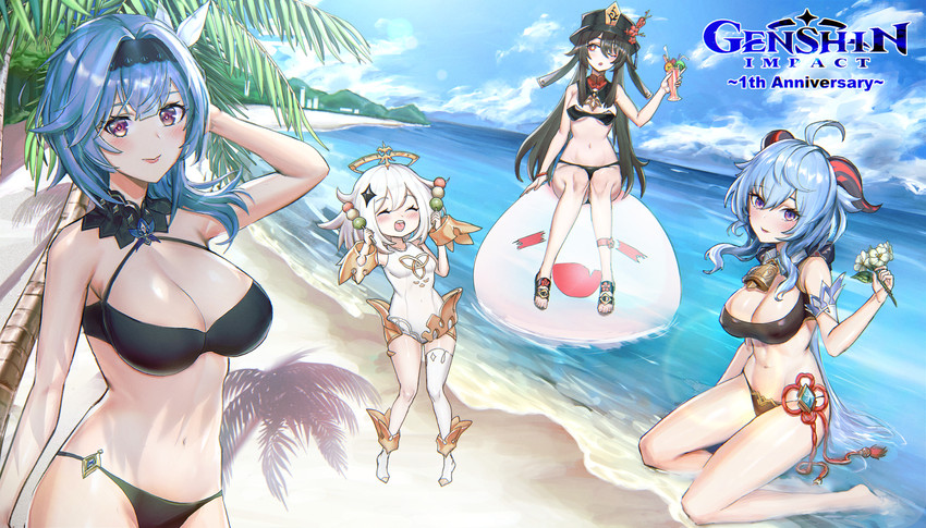 ganyu, hu tao, paimon, eula, and boo tao (genshin impact) drawn by oli_kkwak