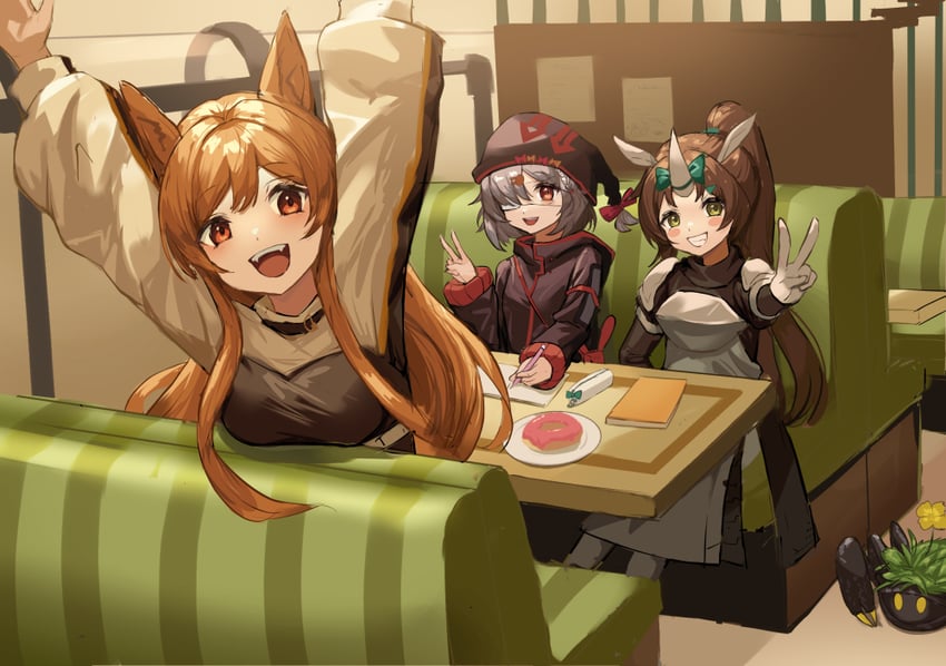 ceobe, popukar, bubble, and peacake (arknights) drawn by chou_oji