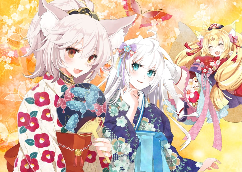 izuna, nagi, and asuka (ayakashi rumble!) drawn by kinoshita_sakura