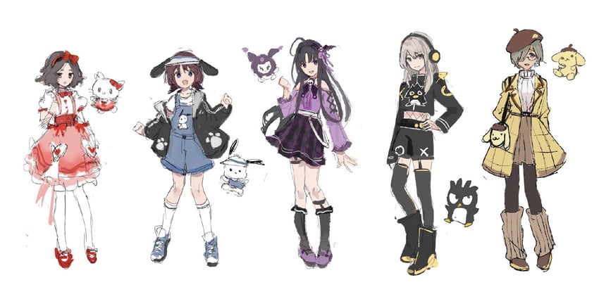 iseri nina, kawaragi momoka, awa subaru, hello kitty, ebizuka tomo, and 5 more (girls band cry and 3 more) drawn by fly_dove