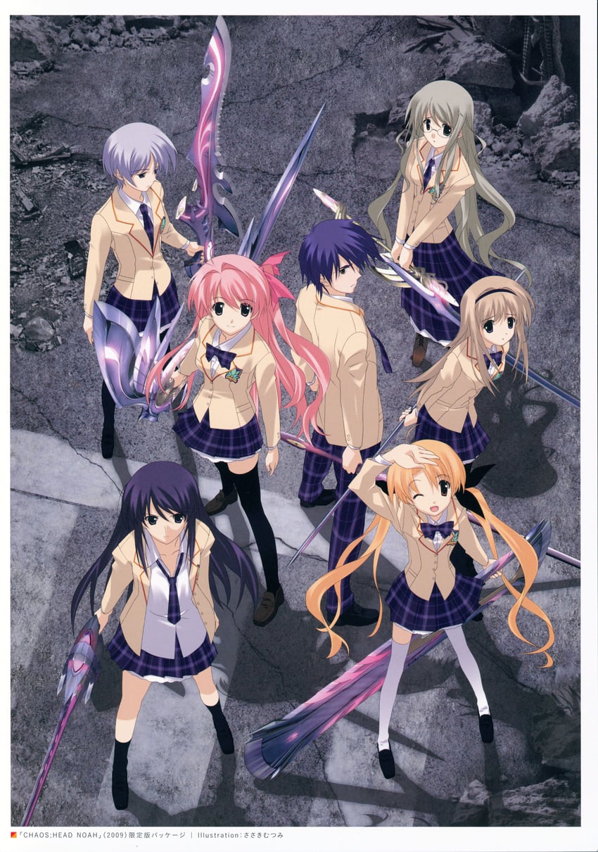 sakihata rimi, nishijou nanami, nishijou takumi, kishimoto ayase, orihara kozue, and 2 more (chaos;head) drawn by sasaki_mutsumi