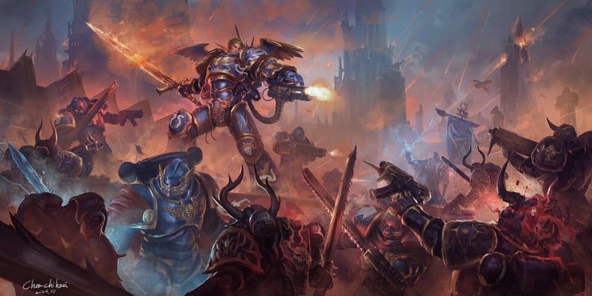adeptus astartes, chaos space marine, and roboute guilliman (warhammer 40k) drawn by chenchihuei