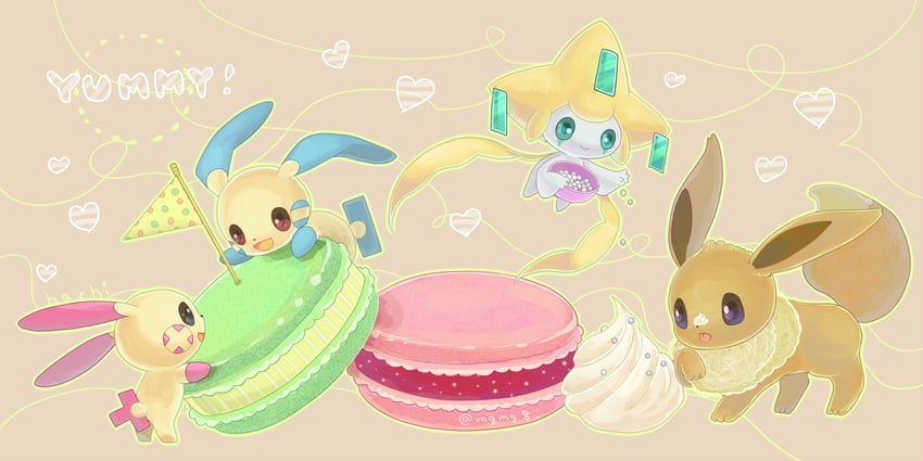 eevee, jirachi, minun, and plusle (pokemon) drawn by hachi_gm