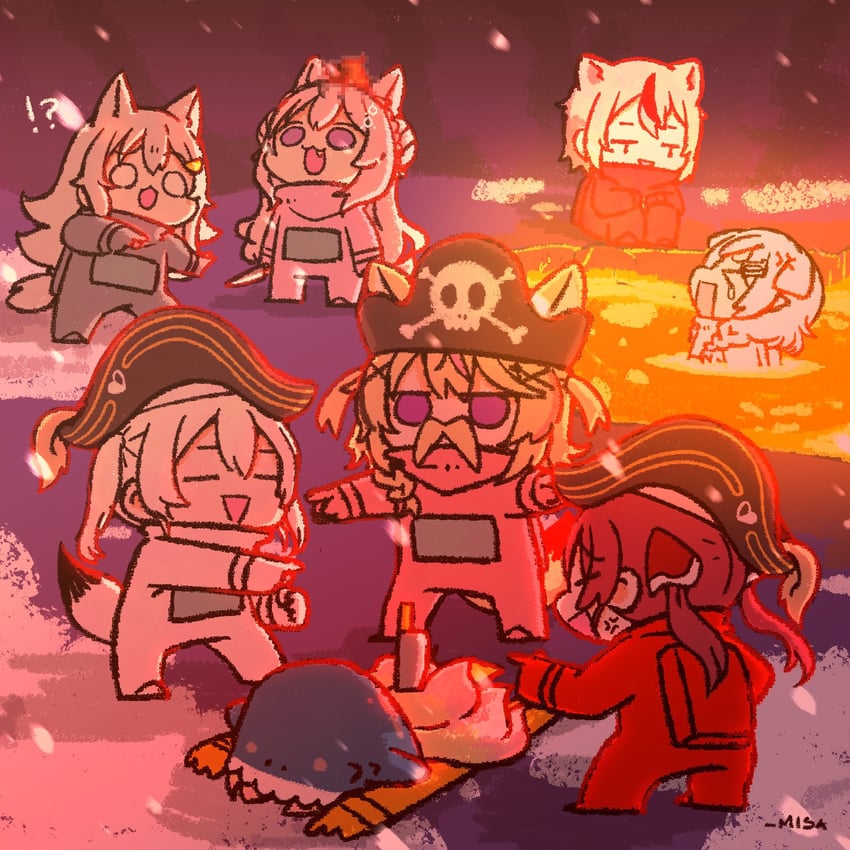 gawr gura, houshou marine, shirakami fubuki, nekomata okayu, ookami mio, and 13 more (hololive and 2 more) drawn by wakatsuki_misato