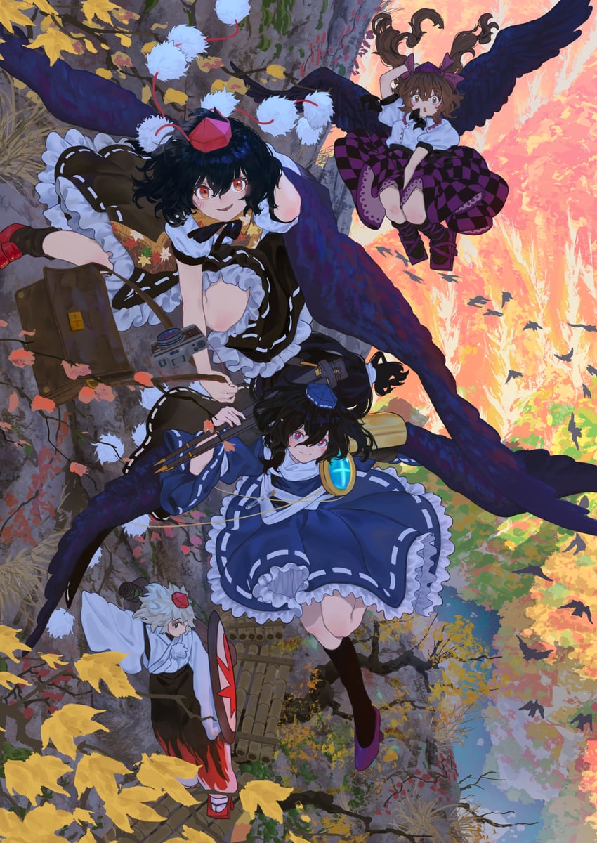shameimaru aya, inubashiri momiji, himekaidou hatate, and iizunamaru megumu (touhou) drawn by kajatony
