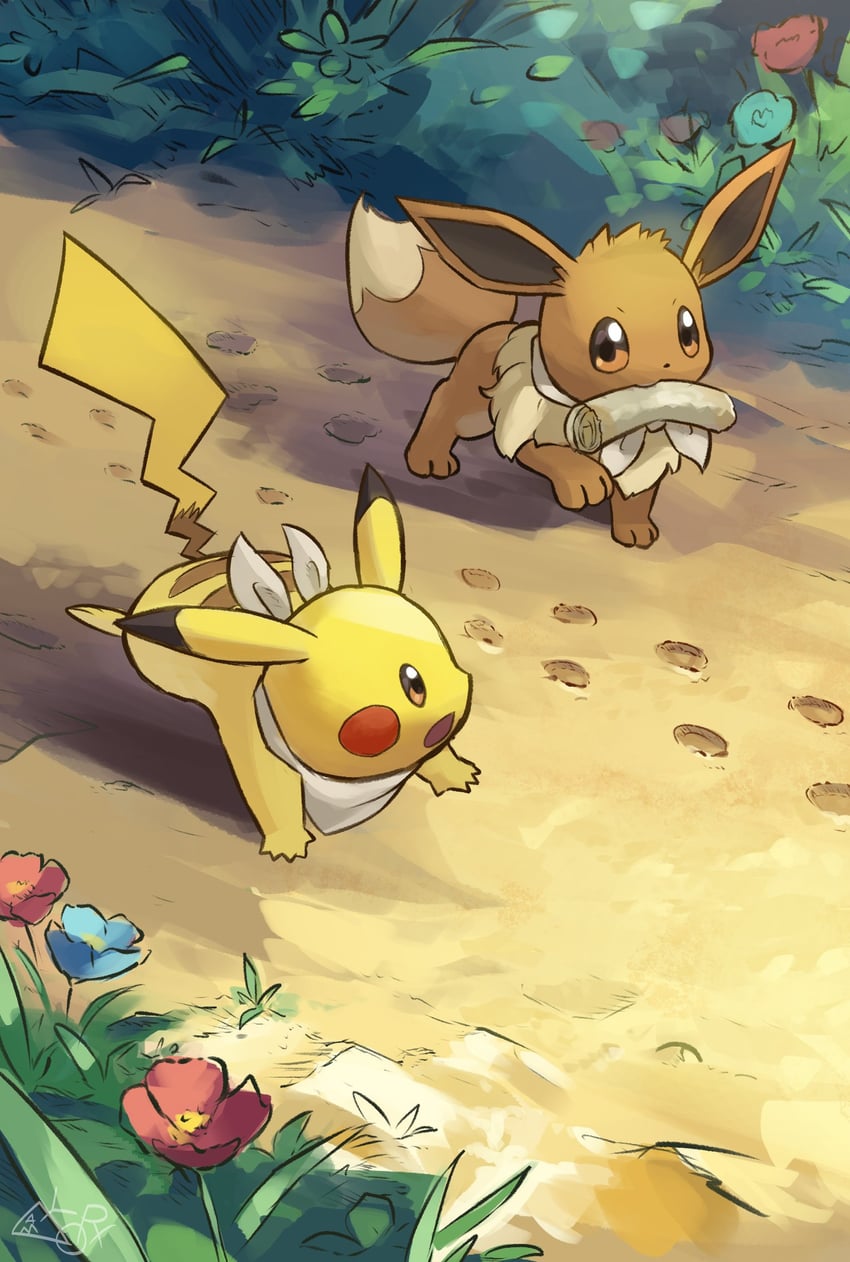 pikachu and eevee (pokemon) drawn by yamaori_(hakkentai_pokedan)
