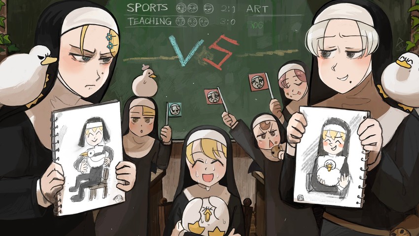 clumsy nun, froggy nun, spicy nun, strict nun, hungry nun, and 1 more (little nuns) drawn by diva_(hyxpk)