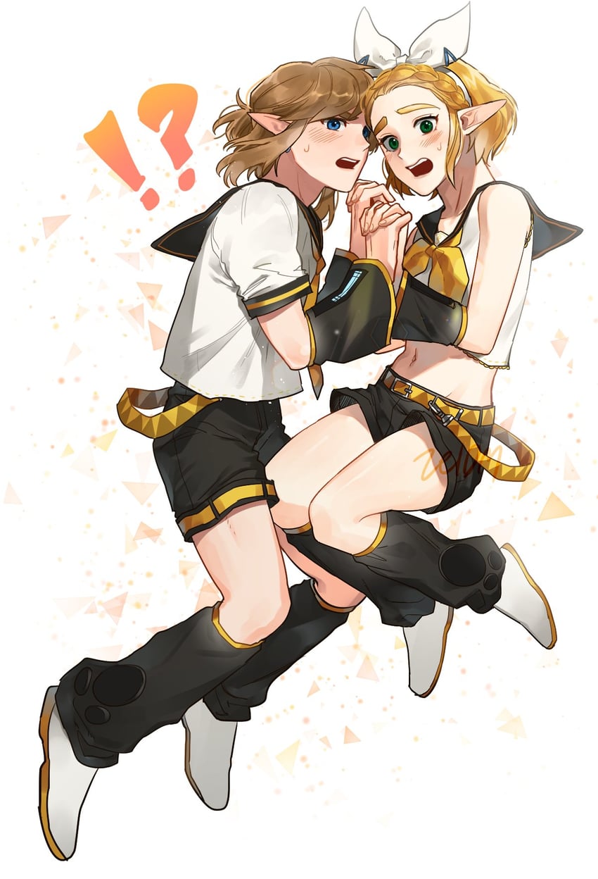 kagamine rin, link, kagamine len, and princess zelda (vocaloid and 2 more) drawn by zeldm