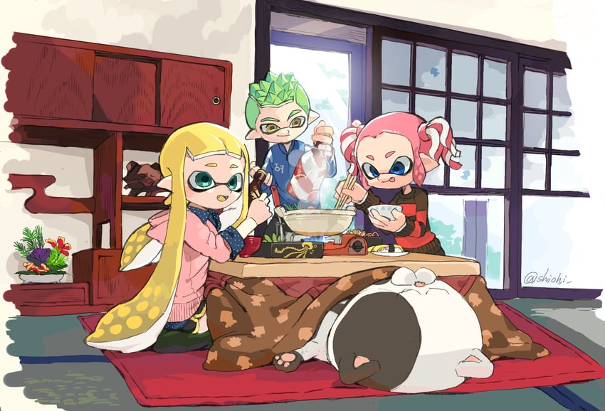 inkling player character, inkling girl, inkling boy, and judd (splatoon) drawn by shiohi