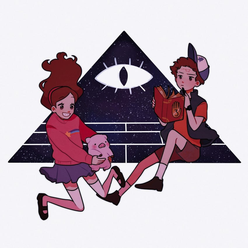 mabel pines, dipper pines, bill cipher, and waddles (gravity falls) drawn by meg_ikarp