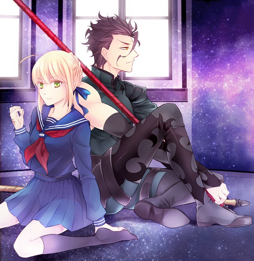 artoria pendragon, diarmuid ua duibhne, and master artoria (fate and 2 more) drawn by iroto_89