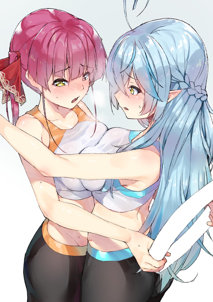 houshou marine, yukihana lamy, and ring fit trainee (hololive and 1 more) drawn by koubou_(cowbow_kun)