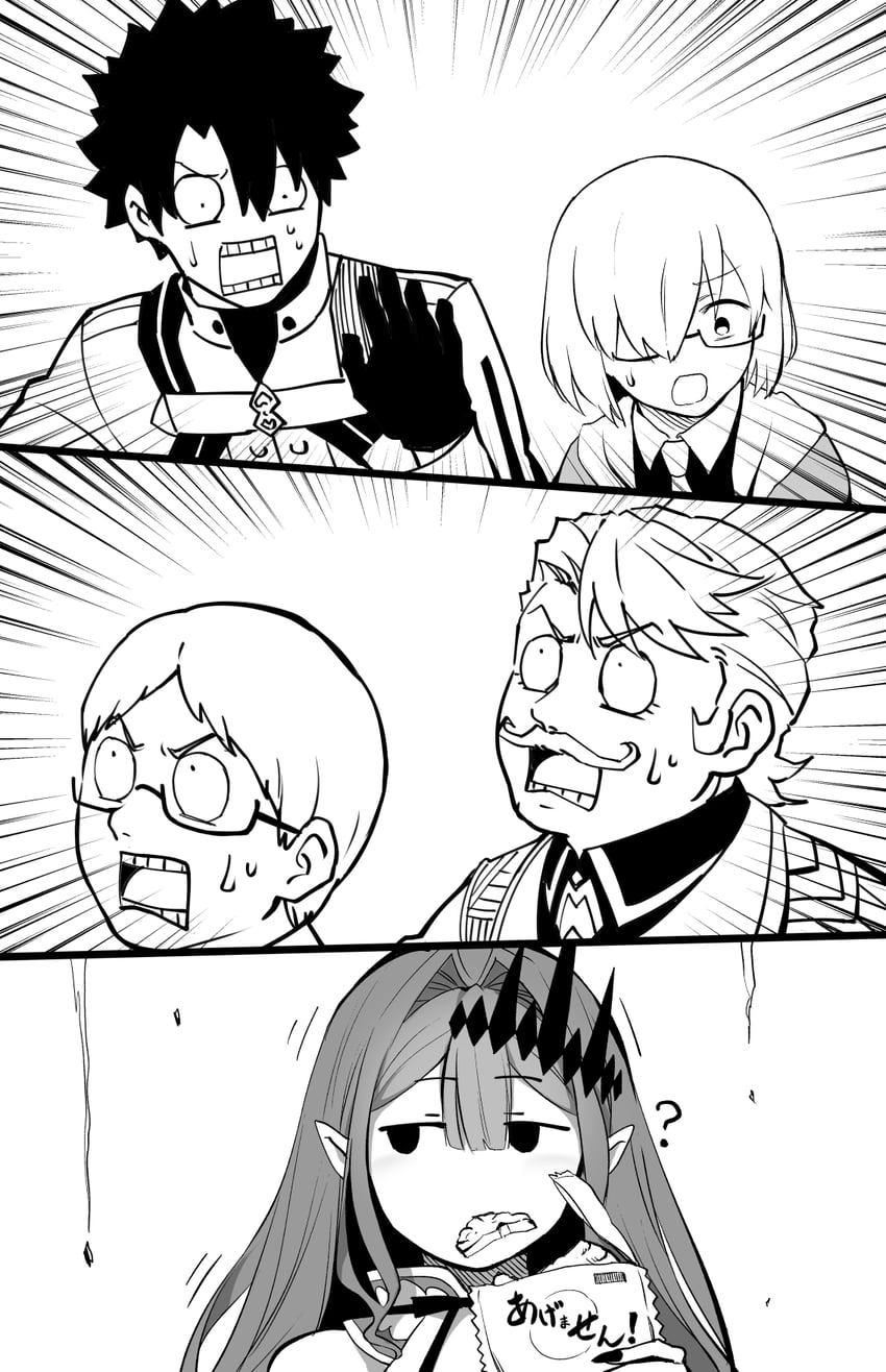 mash kyrielight, fujimaru ritsuka, baobhan sith, goredolf musik, jingle abel meuniere, and 1 more (fate and 1 more) drawn by hirunagi
