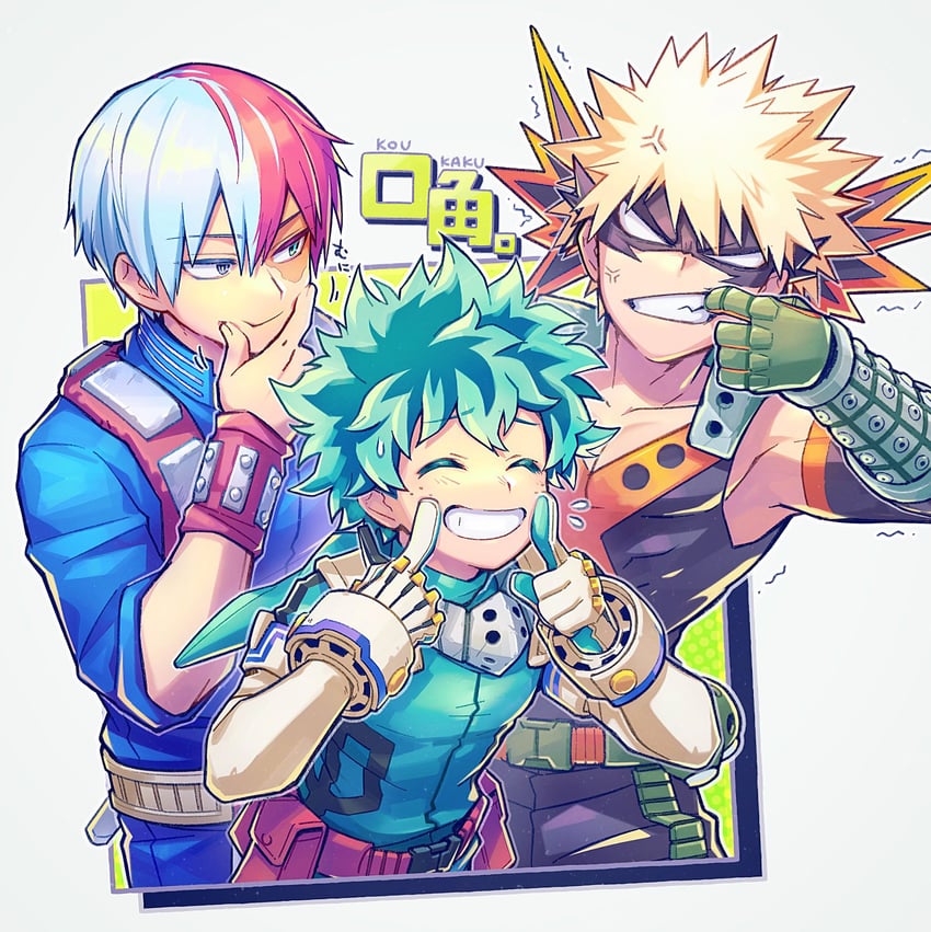 midoriya izuku, bakugou katsuki, and todoroki shoto (boku no hero academia) drawn by mecyo_(mamezurushiki)