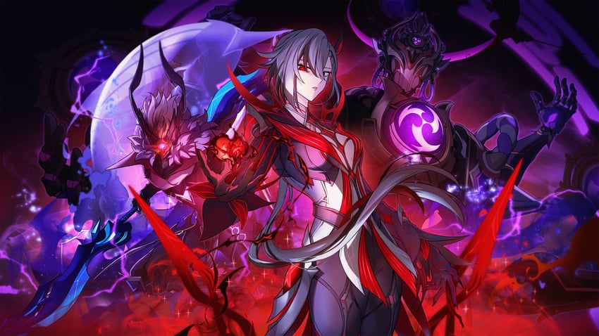 scaramouche, arlecchino, and tartaglia (genshin impact) drawn by sakon04