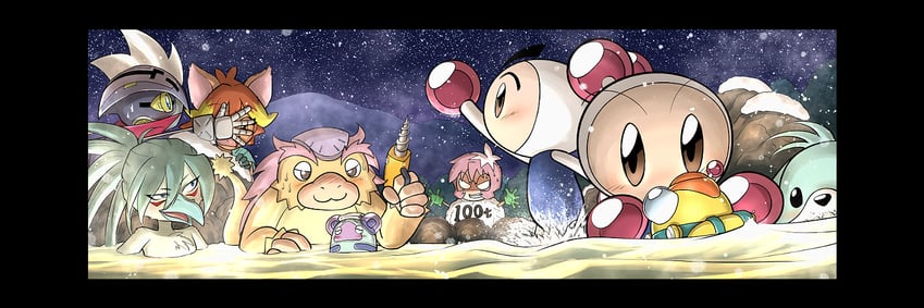 white bomberman, rui, misty, mighty, shout, and 4 more (bomberman and 1 more) drawn by saboten7