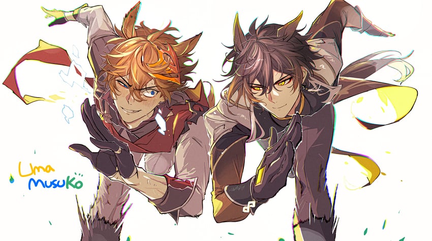 zhongli and tartaglia (genshin impact and 1 more) drawn by hwan_(mob_hwan)