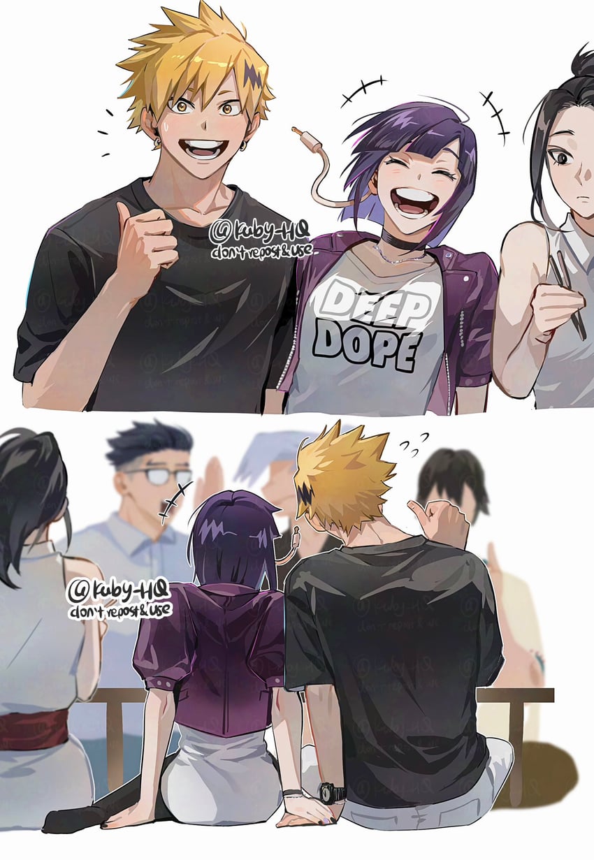yaoyorozu momo, jiro kyoka, kaminari denki, iida tenya, sero hanta, and 1 more (boku no hero academia) drawn by kuby_hq