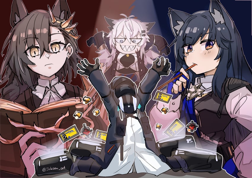 doctor, texas, lappland, texas the omertosa, and penance (arknights) drawn by sleepyowl_(jobkung15)