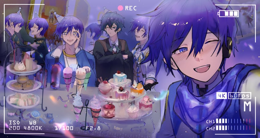 megurine luka, kaito, takoluka, wonderlands x showtime kaito, 25-ji kaito, and 4 more (vocaloid and 2 more) drawn by iro_hikasetsu
