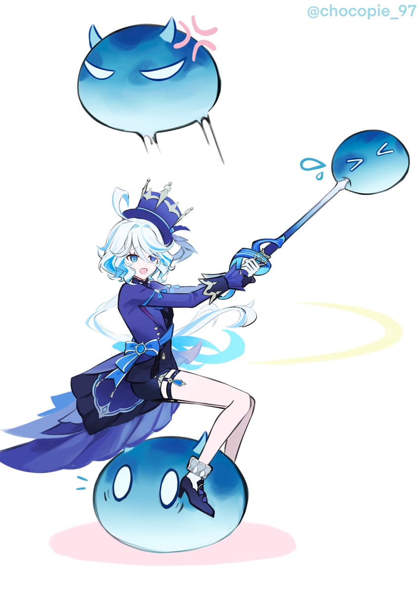 furina, slime, and hydro slime (genshin impact) drawn by chocopie_97