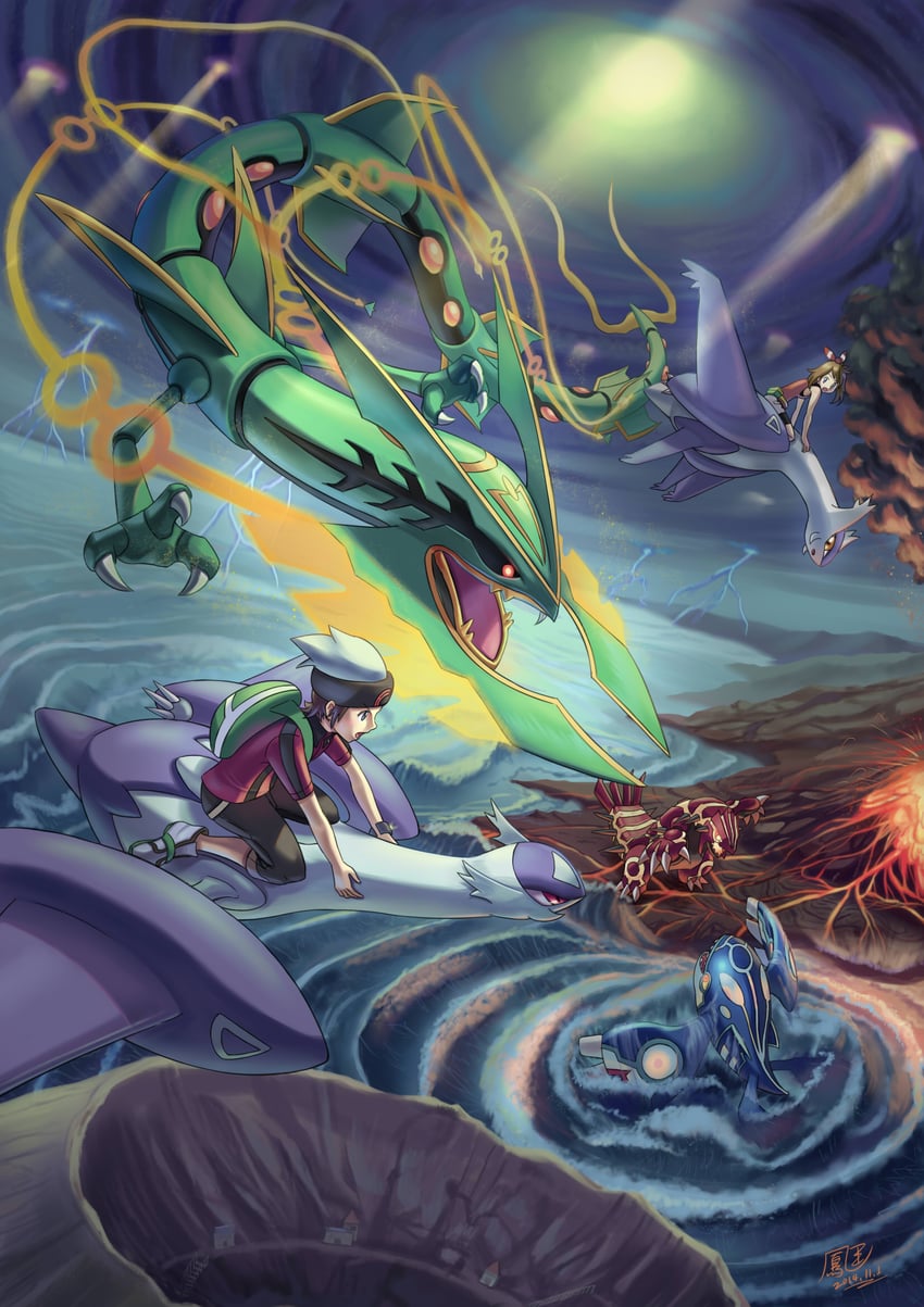 may, brendan, latias, latios, rayquaza, and 7 more (pokemon and 1 more) drawn by hooh_lin