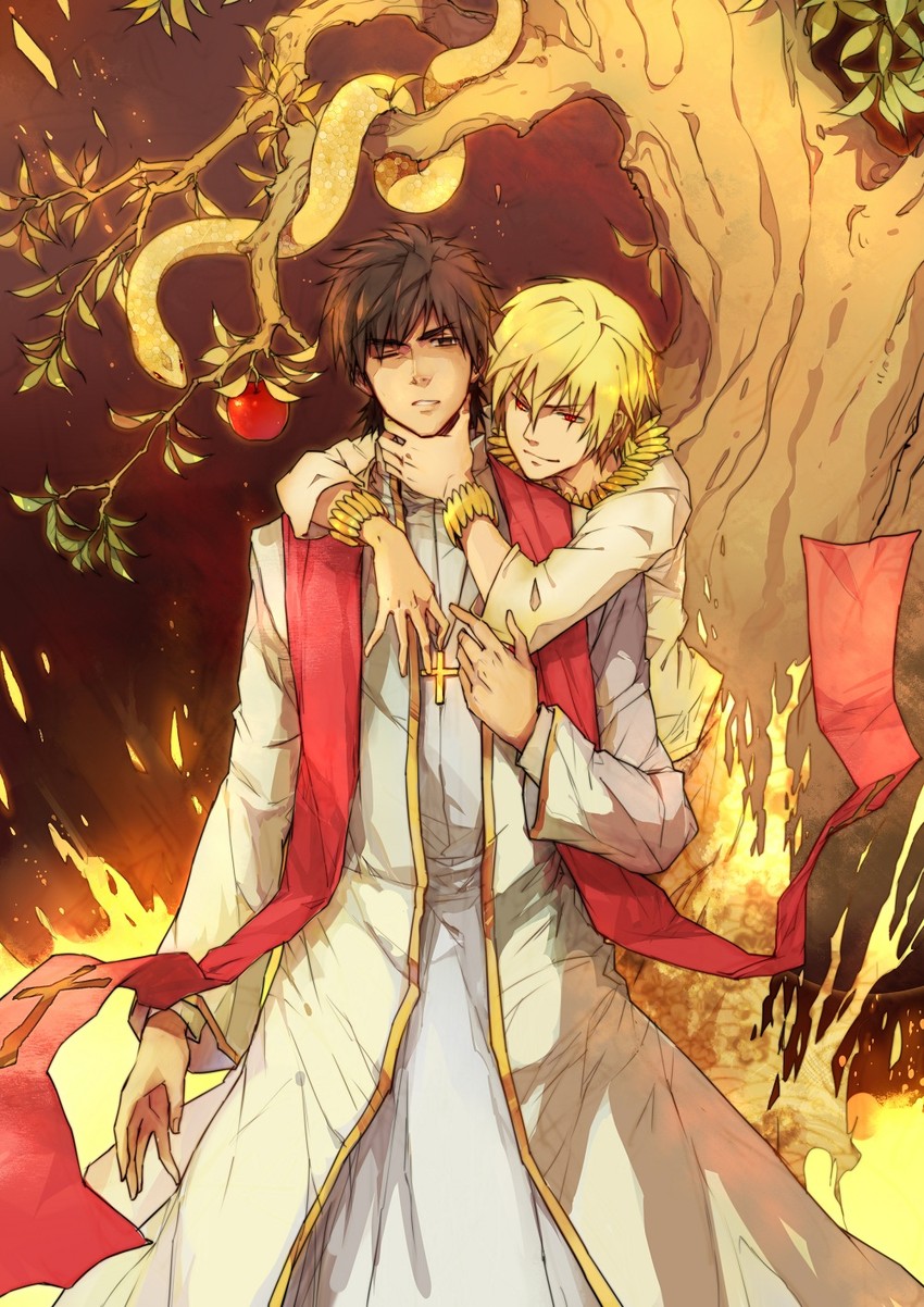 gilgamesh and kotomine kirei (fate and 1 more) drawn by linjie