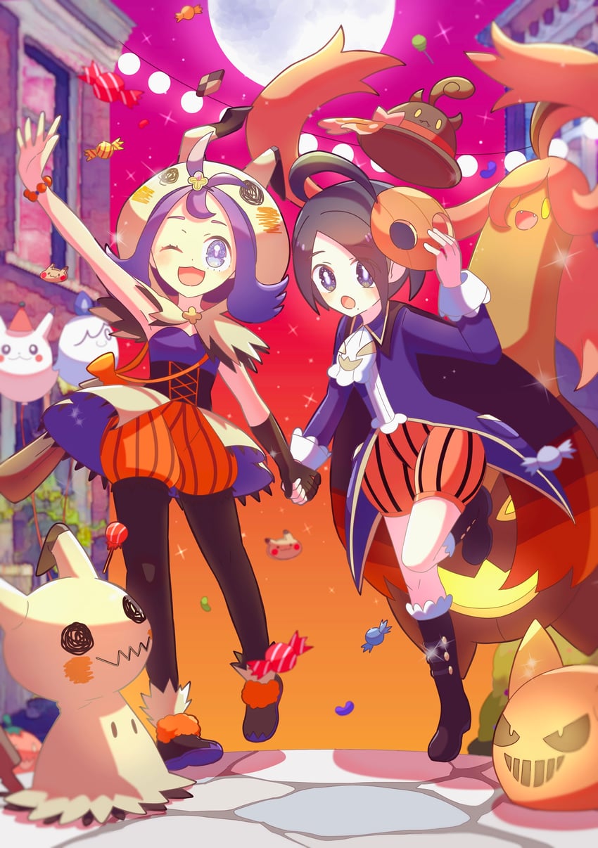 pikachu, gengar, mimikyu, litwick, gourgeist, and 3 more (pokemon and 1 more) drawn by harapeko_(syokuyokuousei)