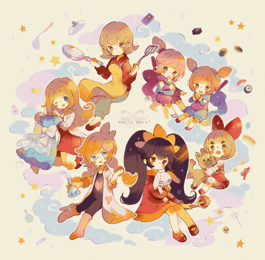 ashley, mona, penny crygor, ana, 5-volt, and 2 more (warioware) drawn by mokumo