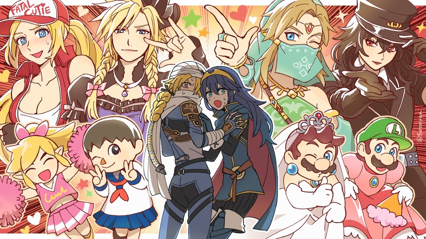 link, cloud strife, princess peach, mario, lucina, and 6 more (fire emblem and 21 more) drawn by furono_(fuloru)