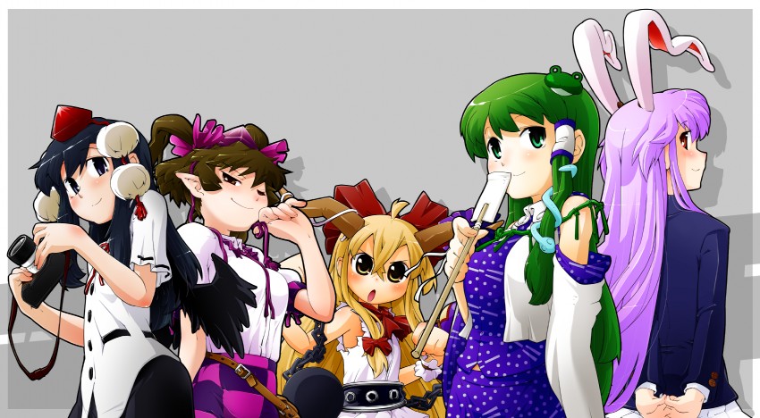 kochiya sanae, shameimaru aya, reisen udongein inaba, ibuki suika, and himekaidou hatate (touhou) drawn by yakuta_tetsuya