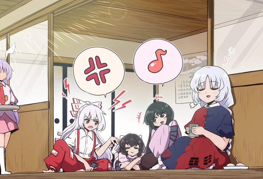 reisen udongein inaba, fujiwara no mokou, houraisan kaguya, inaba tewi, and yagokoro eirin (touhou) drawn by shio_(futatsumami)