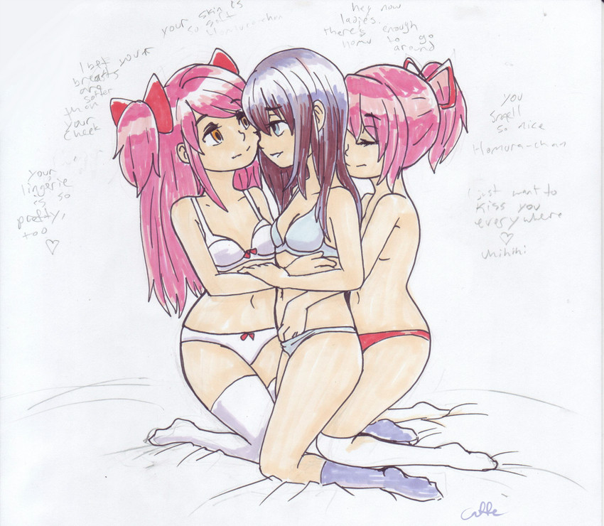 akemi homura, kaname madoka, and ultimate madoka (mahou shoujo madoka magica) drawn by caffeccino
