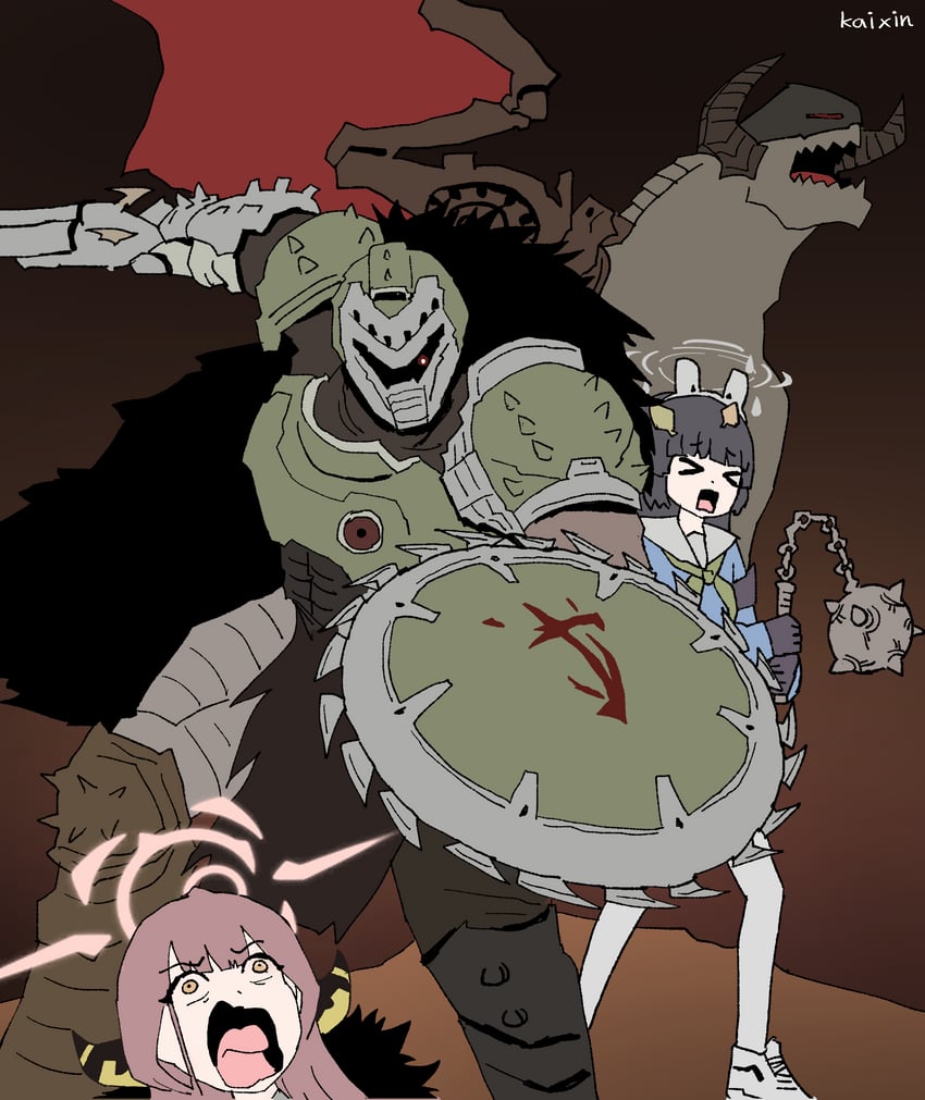 aru, miyu, doomguy, and serrat (blue archive and 2 more) drawn by kai_xin