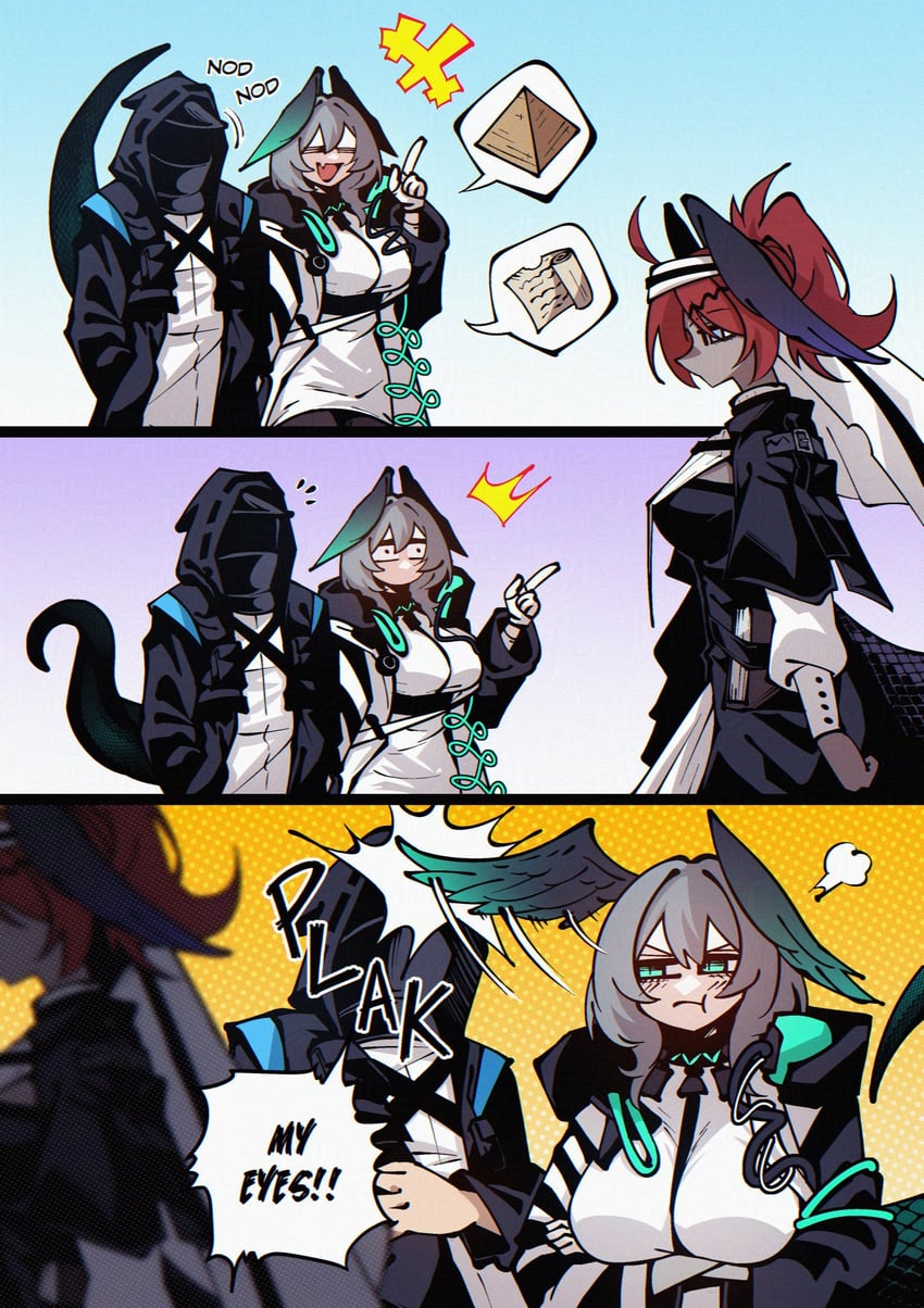 doctor, ho'olheyak, and gracebearer (arknights) drawn by dryegen