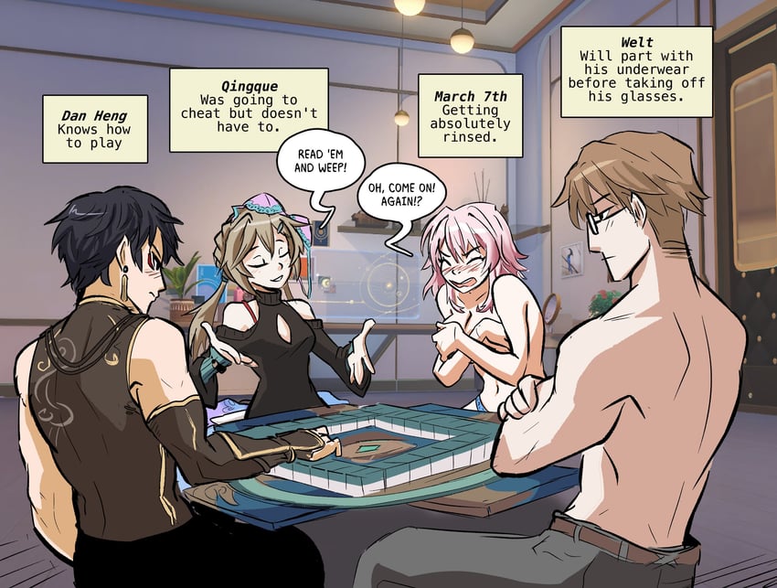 march 7th, dan heng, qingque, and welt yang (honkai and 1 more) drawn by spicymancer