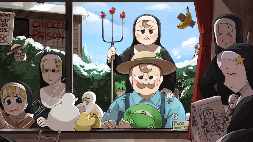clumsy nun, froggy nun, strict nun, hungry nun, star nun, and 2 more (little nuns and 1 more) drawn by diva_(hyxpk)