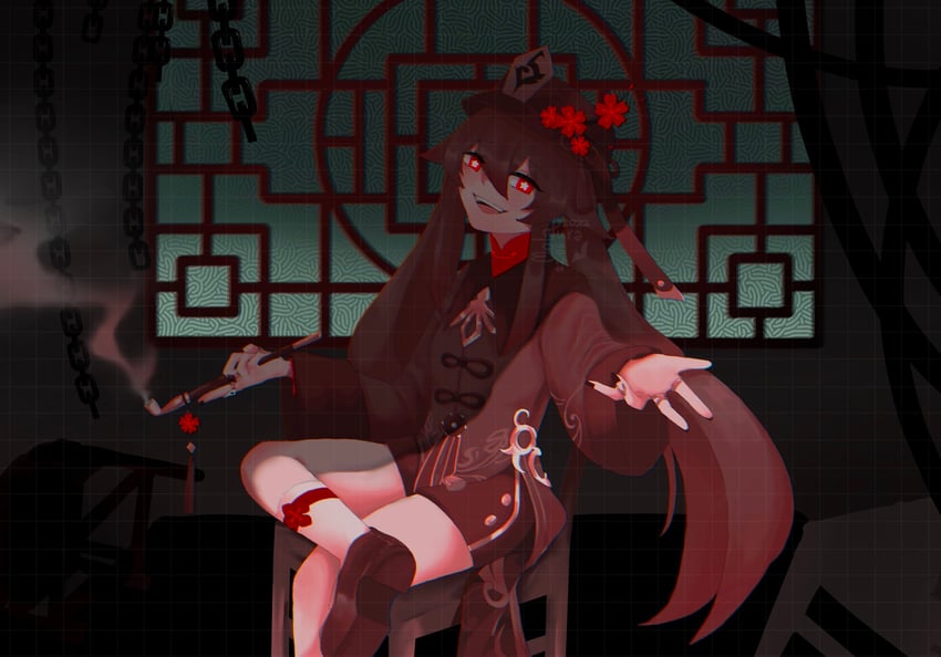 hu tao (genshin impact and 1 more) drawn by molapura