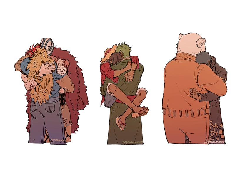 monkey d. luffy, roronoa zoro, trafalgar law, eustass kid, bepo, and 1 more (one piece) drawn by toboldlymuppet