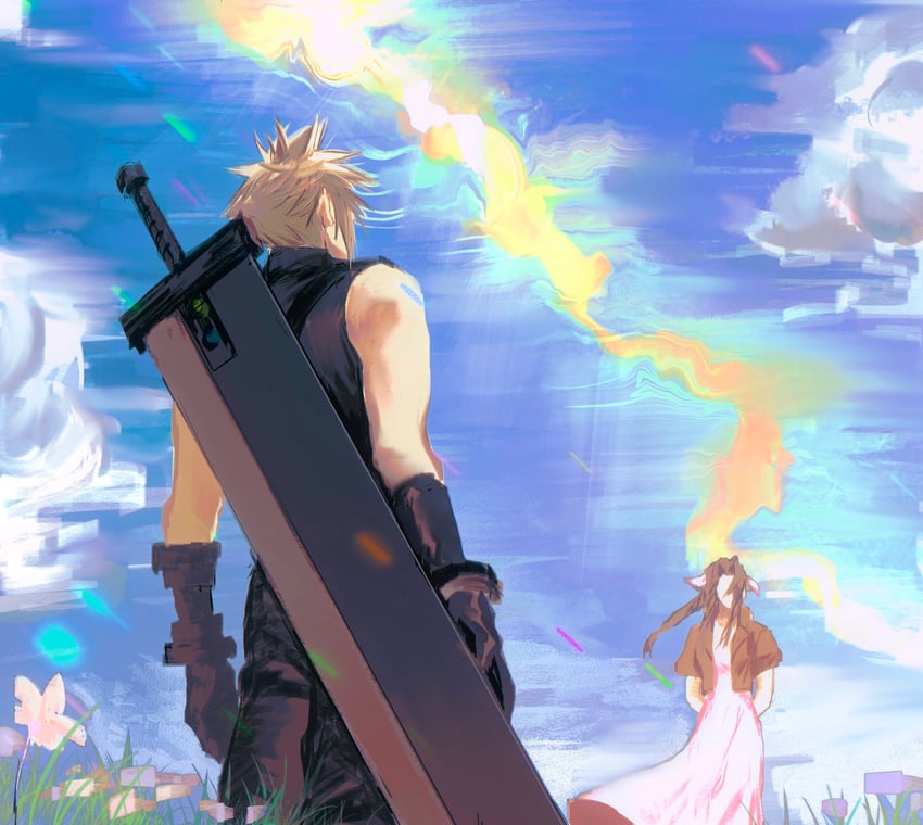 cloud strife and aerith gainsborough (final fantasy and 3 more) drawn by moyanwxy