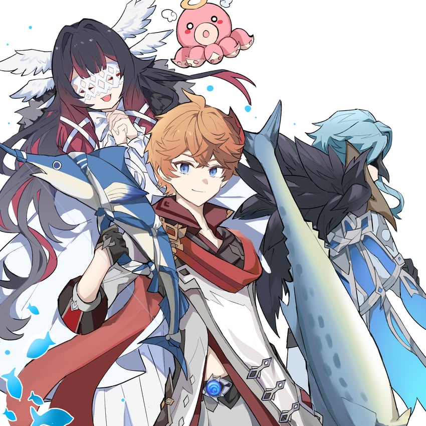 tartaglia, columbina, and dottore (genshin impact) drawn by long_wind