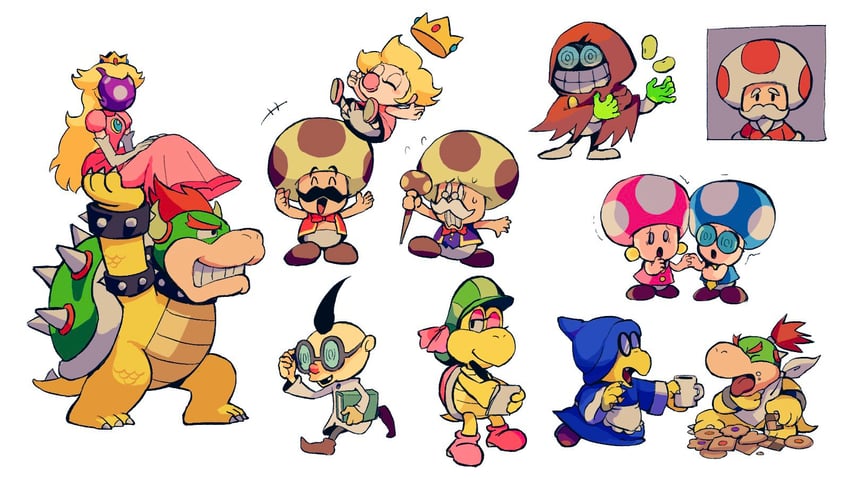 princess peach, bowser, toad, kamek, professor elvin gadd, and 9 more (mario and 2 more) drawn by rinabee_(rinabele0120)
